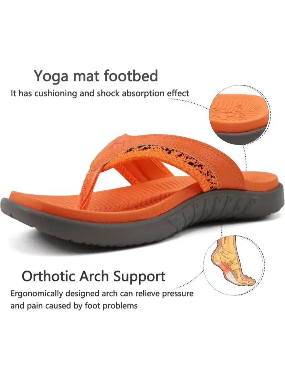 Men's Orange Sport Flip Flops Comfort Orthotic Thong Sandals Arch Support